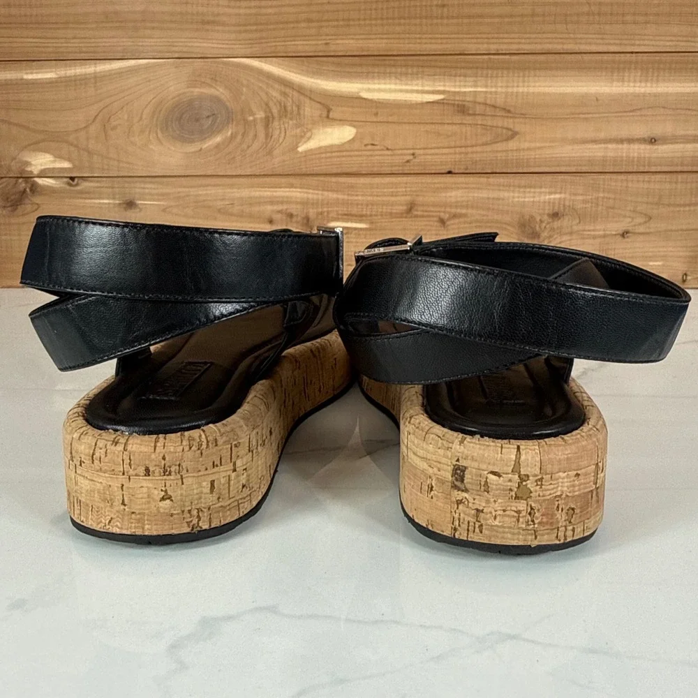 Schutz Tessie Black Leather Cork Platform Thong Sandals Womens 7B Ankle Strap